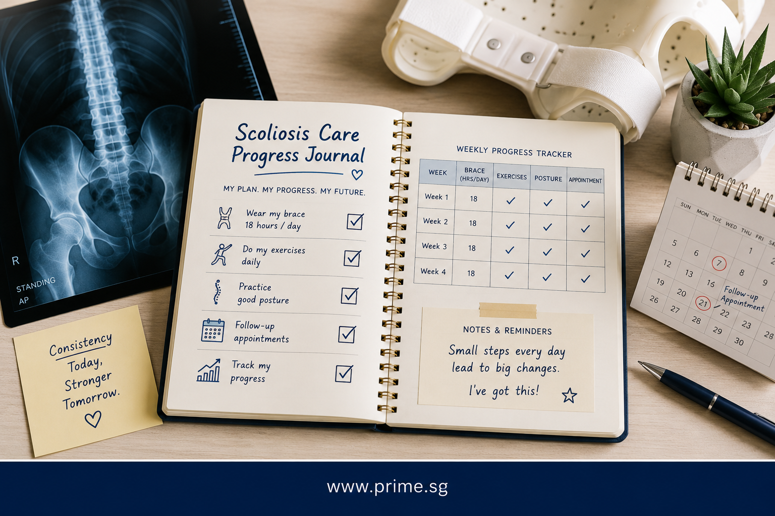 Scoliosis care journal with a progress tracker, spinal X-ray, brace and calendar illustrating the importance of monitoring, rehabilitation and treatment compliance.