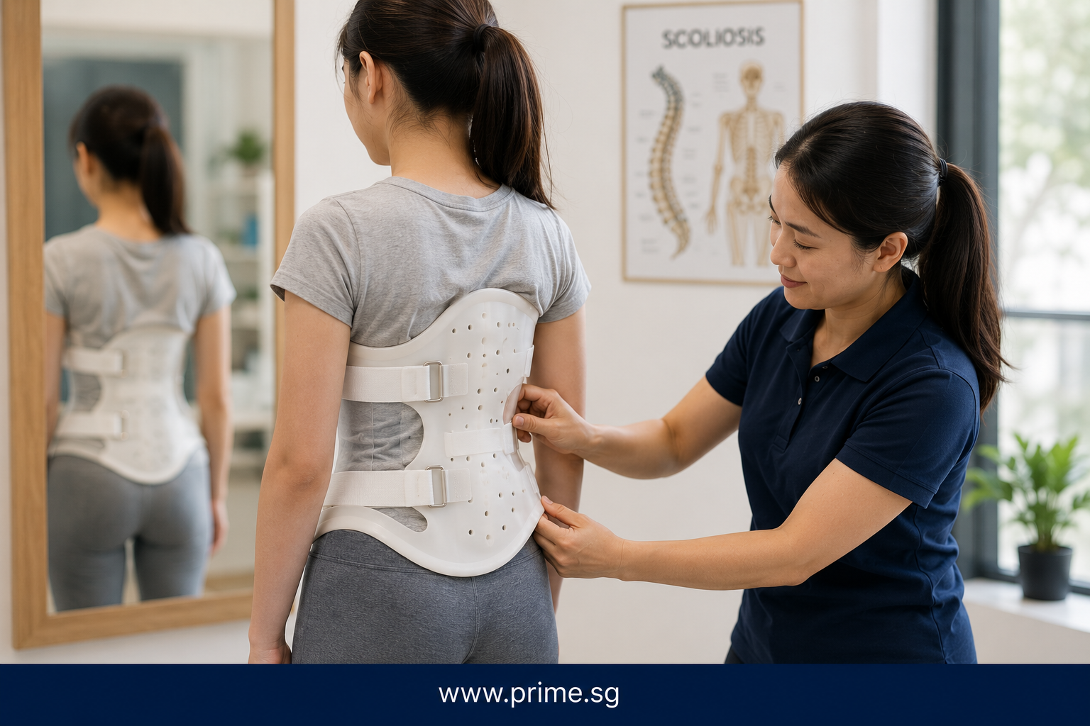 Healthcare professional fitting a scoliosis brace on a patient as part of a personalised non-surgical scoliosis treatment plan to support spinal alignment.