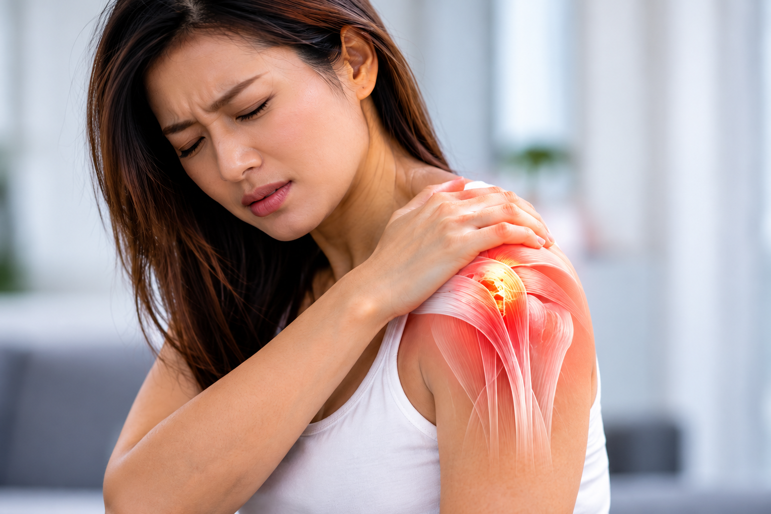 Woman holding her painful shoulder, with an anatomical overlay highlighting the shoulder joint and surrounding muscles.