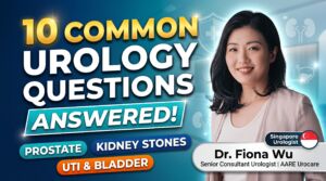 Dr Fiona Wu beside the headline “10 Common Urology Questions Answered”, highlighting prostate health, kidney stones, UTIs and bladder concerns.