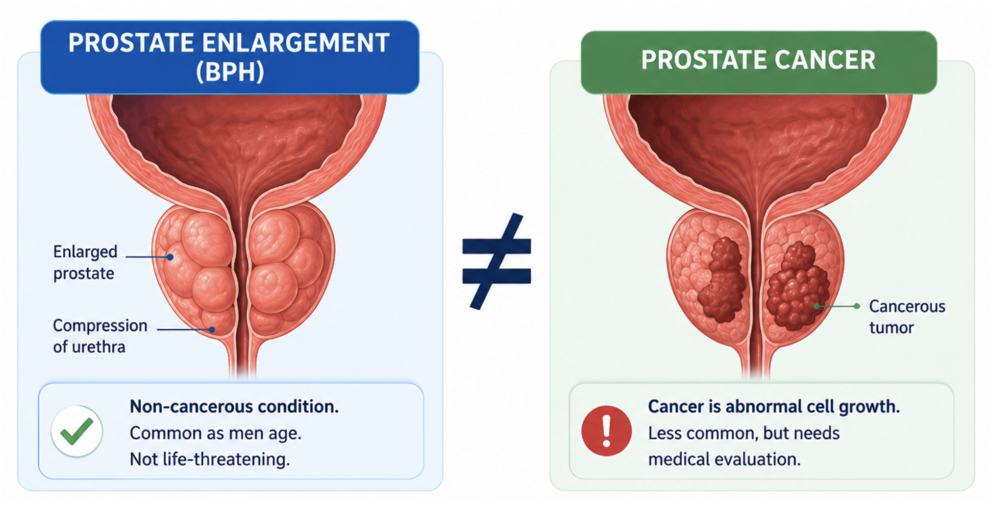 Diagram comparing benign prostate enlargement compressing the urethra with prostate cancer showing cancerous growths within the gland.