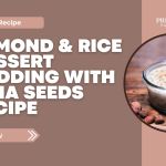 Almond and rice dessert pudding with chia seeds in a glass bowl topped with sliced almonds and berries.