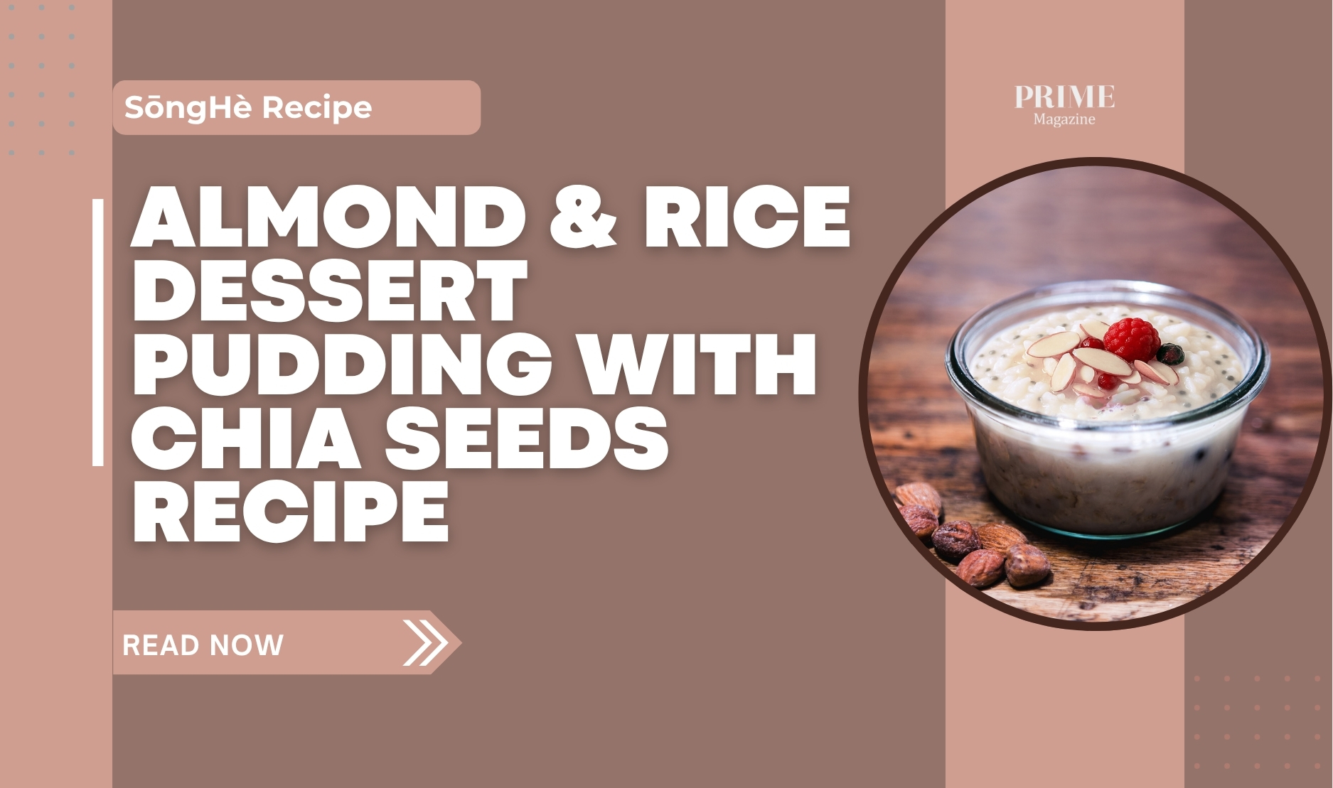 Almond and rice dessert pudding with chia seeds in a glass bowl topped with sliced almonds and berries.