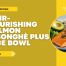 Hair-Nourishing Salmon Bowl with SōngHÈ Plus rice, avocado, broccoli, and seared salmon on a yellow recipe graphic.