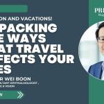 Travel eye care article header with title text and a portrait of an ophthalmology specialist