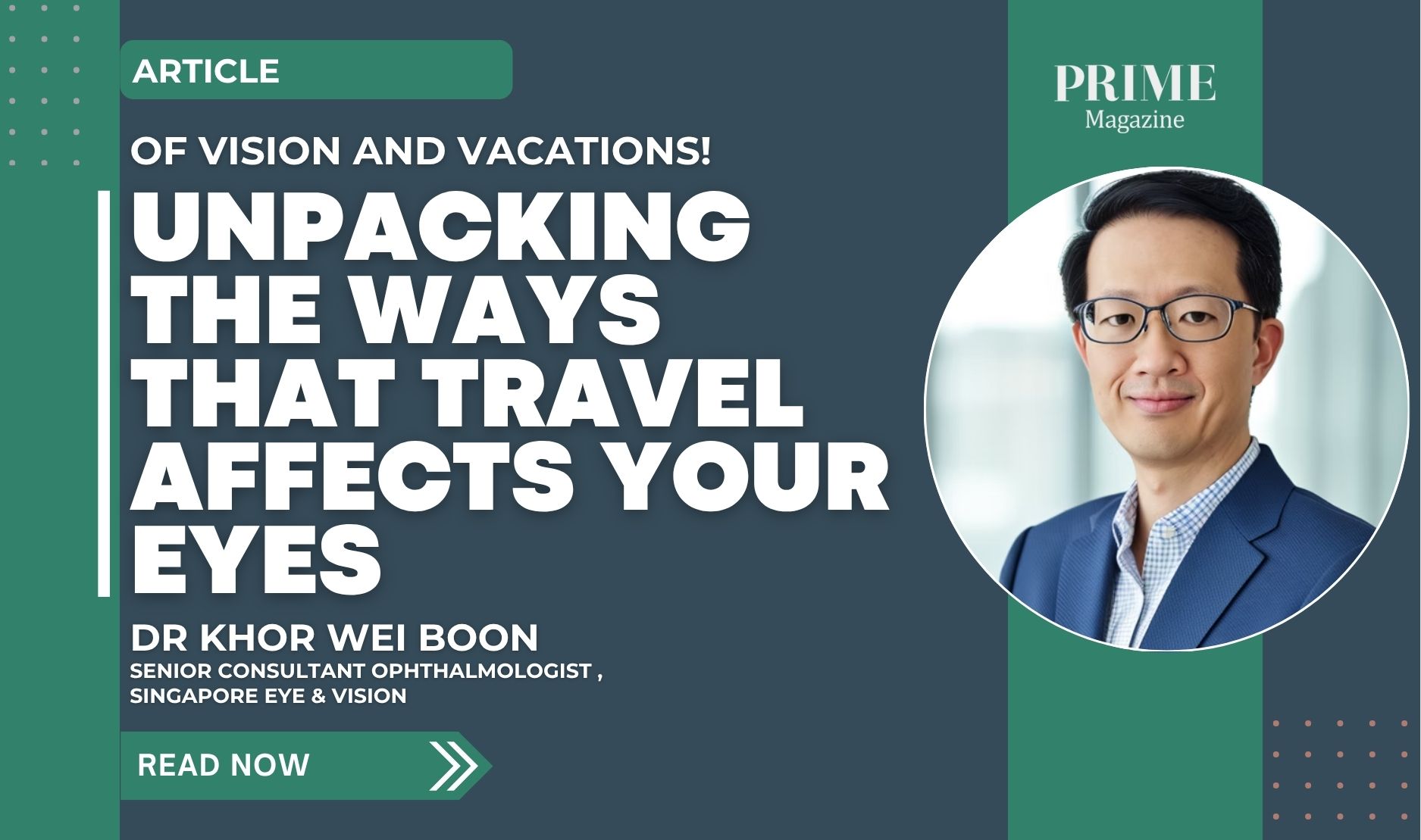 Travel eye care article header with title text and a portrait of an ophthalmology specialist