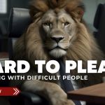 Illustration of a lion seated confidently in an office chair, symbolising authority and difficult personalities in professional settings.