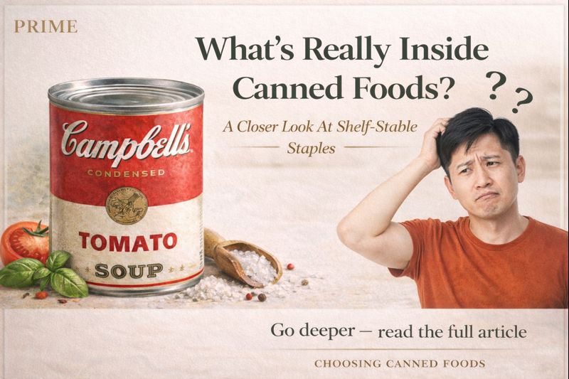 Illustration showing a can of tomato soup beside salt and herbs, with a man looking confused about canned food contents.