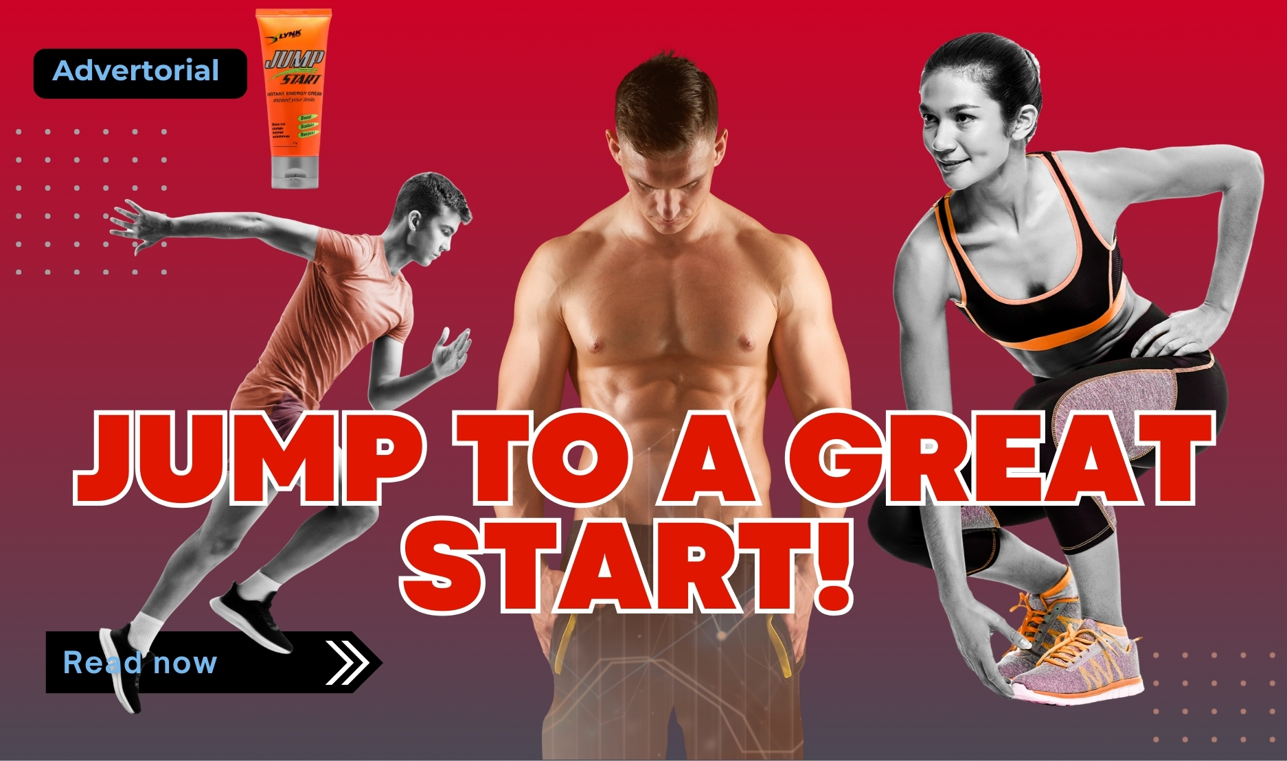 “JumpStart Instant Energy Cream advertorial featuring active men and women exercising, promoting faster muscle recovery and energy support.”