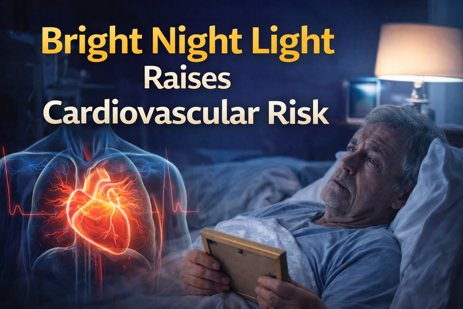 Older man lying awake in bed at night with bright bedside light, illustrating increased cardiovascular risk linked to night-time light exposure.