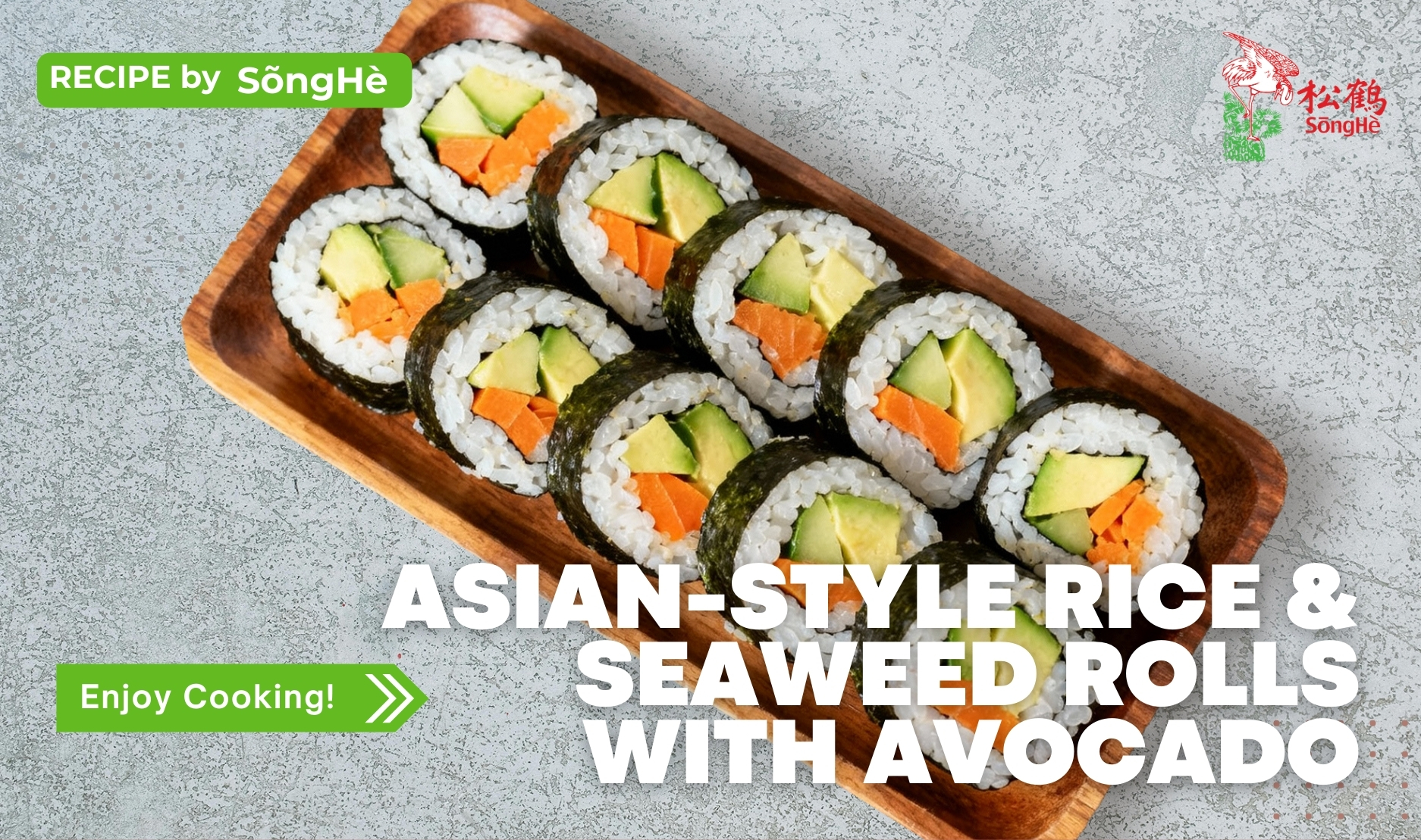 Asian-style rice and seaweed rolls filled with avocado, carrot, cucumber, and pickled vegetables, neatly arranged on a wooden tray.
