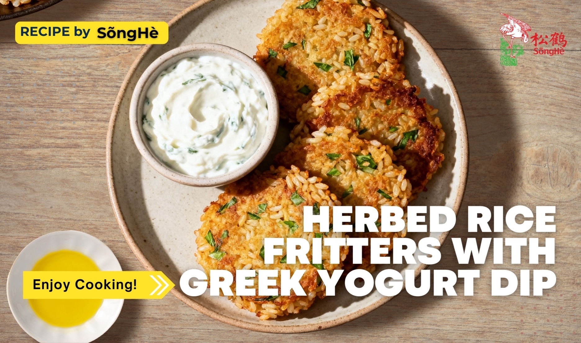 Herbed rice fritters made with fragrant rice, served with creamy Greek yogurt dip on a rustic plate