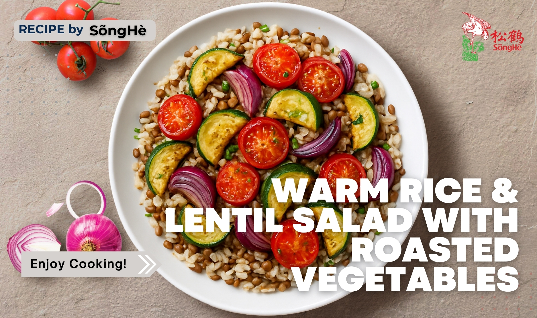 A bowl of warm rice and lentil salad topped with roasted vegetables, including zucchini, cherry tomatoes, and red onions.