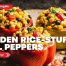 Golden rice-stuffed bell peppers filled with enriched rice, black beans, corn, and vegetables