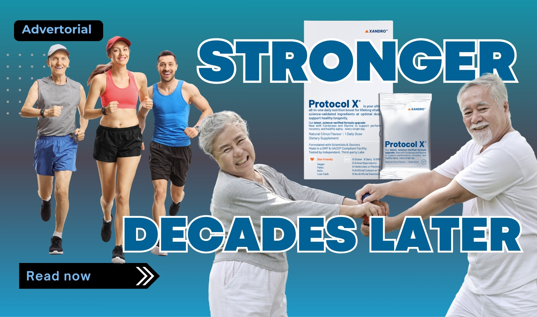 Protocol X® advertorial showing people of different ages staying active and ageing well