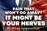 Man holding lower back pain with spine illustration showing nerve compression and neuropathic pain