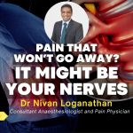 Man holding lower back pain with spine illustration showing nerve compression and neuropathic pain