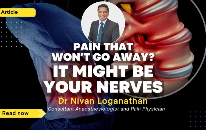 Man holding lower back pain with spine illustration showing nerve compression and neuropathic pain