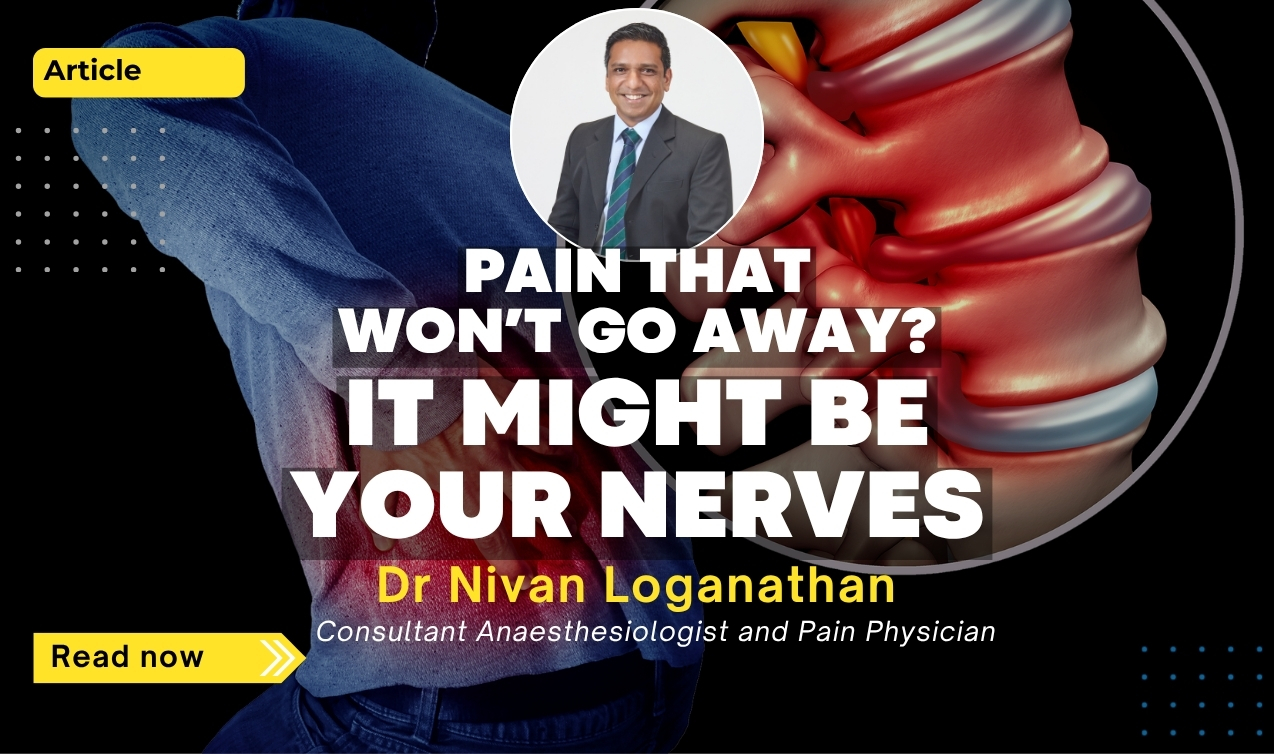 Man holding lower back pain with spine illustration showing nerve compression and neuropathic pain