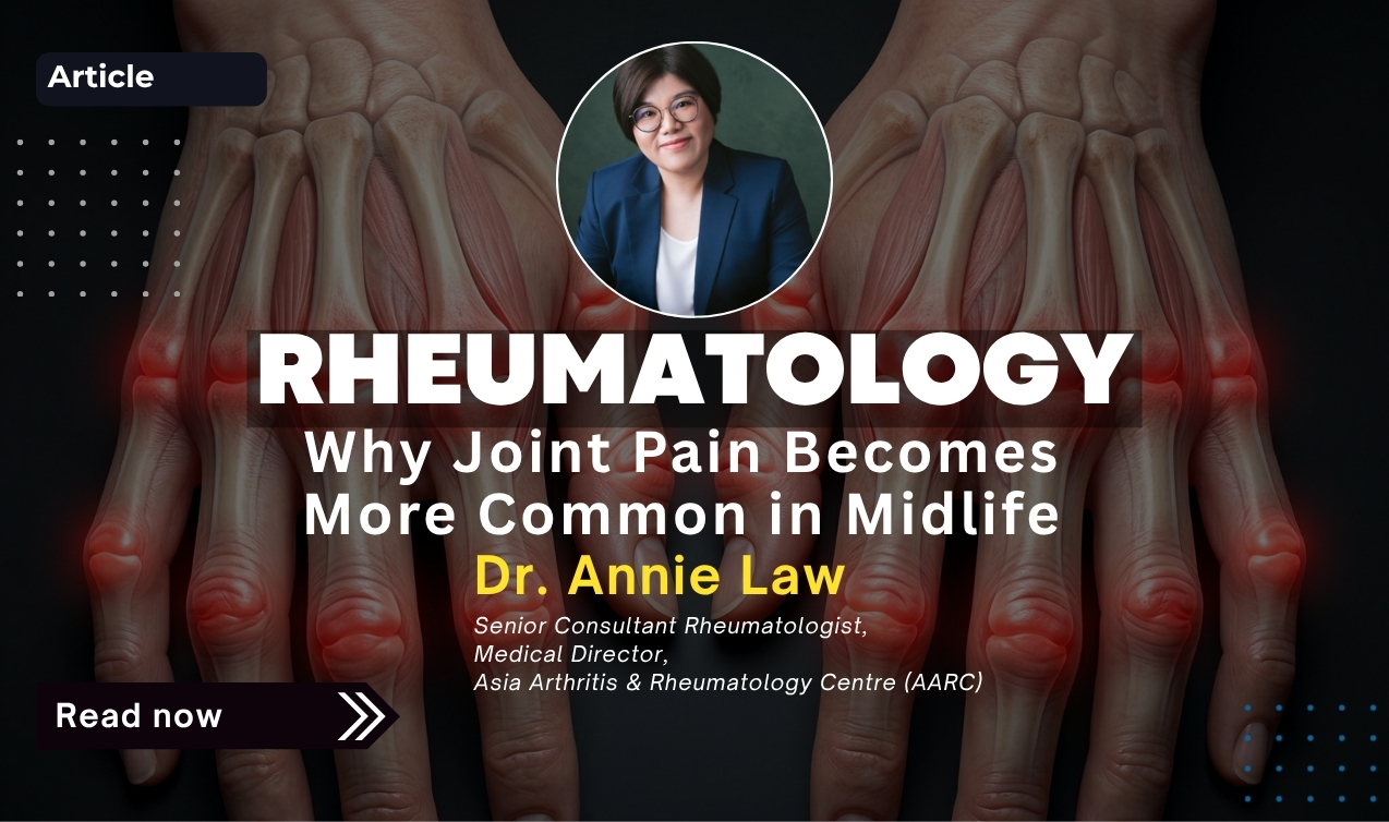 Rheumatology article banner showing joint pain in hands with Dr Annie Law explaining causes of joint pain in midlife women
