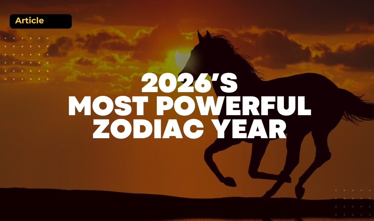 Silhouette of a horse running at sunset with text “2026’s Most Powerful Zodiac Year”