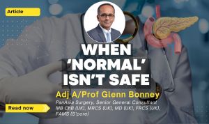 Medical article graphic titled “When ‘Normal’ Isn’t Safe” featuring Adj A/Prof Glenn Bonney and an illustration of the pancreas.
