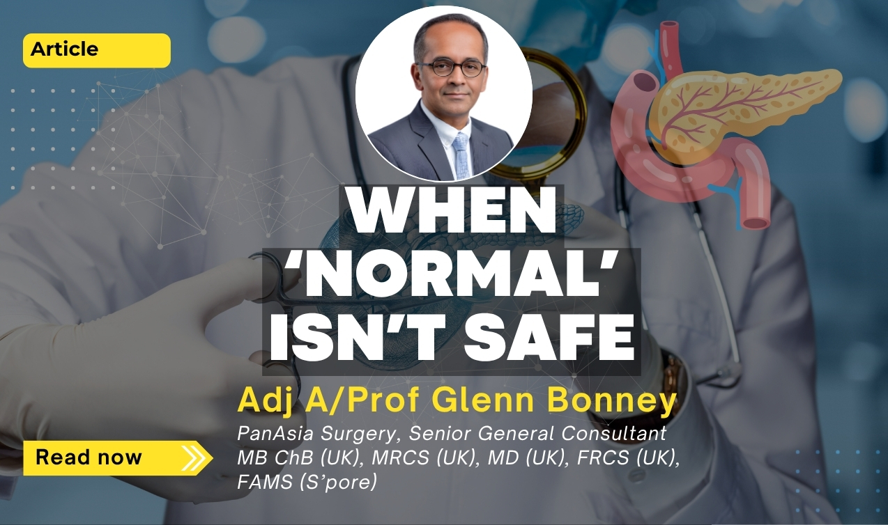 Medical article graphic titled “When ‘Normal’ Isn’t Safe” featuring Adj A/Prof Glenn Bonney and an illustration of the pancreas.