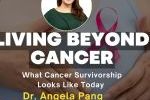 Promotional banner for an article titled "Living Beyond Cancer: What Cancer Survivorship Looks Like Today" by Dr Angela Pang, featuring her portrait and a pink ribbon symbolising hope and cancer awareness.