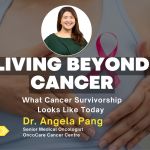 Promotional banner for an article titled "Living Beyond Cancer: What Cancer Survivorship Looks Like Today" by Dr Angela Pang, featuring her portrait and a pink ribbon symbolising hope and cancer awareness.