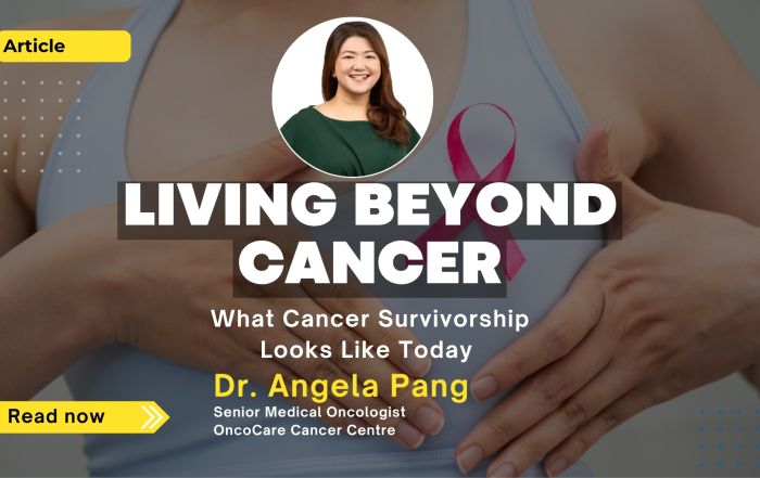 Promotional banner for an article titled "Living Beyond Cancer: What Cancer Survivorship Looks Like Today" by Dr Angela Pang, featuring her portrait and a pink ribbon symbolising hope and cancer awareness.