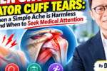 Dr Poh Keng Soon beside illustrations of shoulder pain and shoulder anatomy, highlighting frozen shoulder and rotator cuff tears.