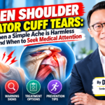 Dr Poh Keng Soon beside illustrations of shoulder pain and shoulder anatomy, highlighting frozen shoulder and rotator cuff tears.
