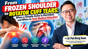 Dr Poh Keng Soon beside illustrations of shoulder pain and shoulder anatomy, highlighting frozen shoulder and rotator cuff tears.