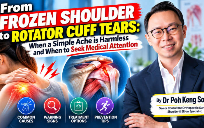 Dr Poh Keng Soon beside illustrations of shoulder pain and shoulder anatomy, highlighting frozen shoulder and rotator cuff tears.