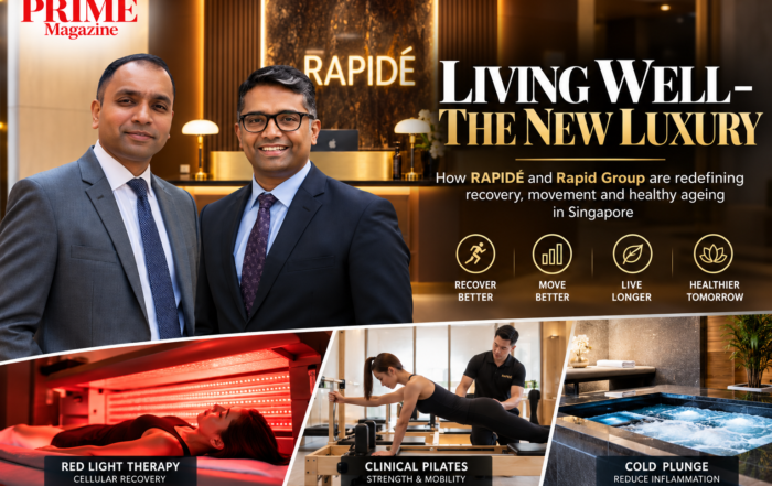 “Living Well – The New Luxury” feature graphic showing Dr Gowreeson Thevendran and John Abraham, with red light therapy, Pilates and cold plunge imagery.