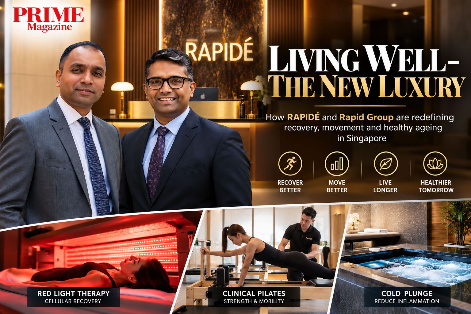 “Living Well – The New Luxury” feature graphic showing Dr Gowreeson Thevendran and John Abraham, with red light therapy, Pilates and cold plunge imagery.